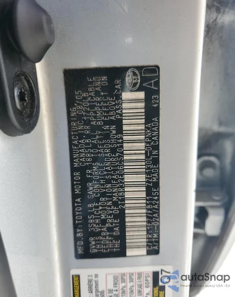 2006 Toyota Corolla Ce из США, поврежденный, VIN 2T1BR32E06C570149